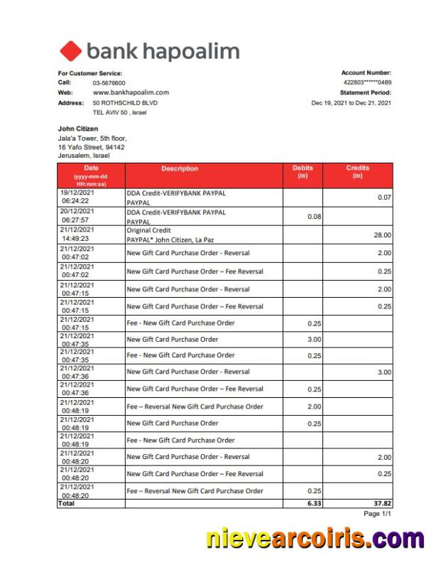 Israel Bank Hapoalim bank statement easy to fill in .xls and .pdf file format